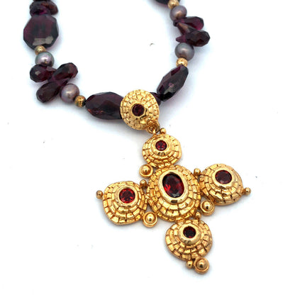 Vintage 925 Sterling Silver Gold Vermeil Amethyst Beaded Garnet Cross Necklace