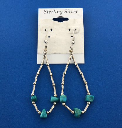 Vintage 925 Sterling Silver Turquoise Ball Beaded Oblong Soft Hoop Earrings