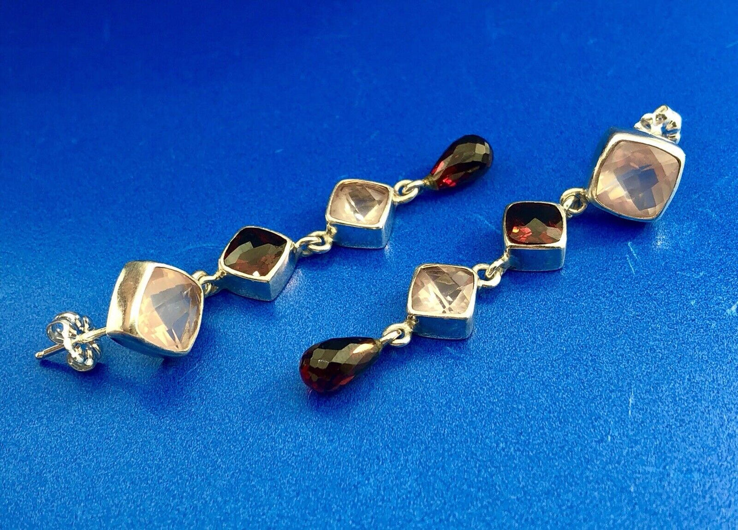 Sterling Silver 925 Garnet Rose Quartz January Drop Dangle Statement Earrings