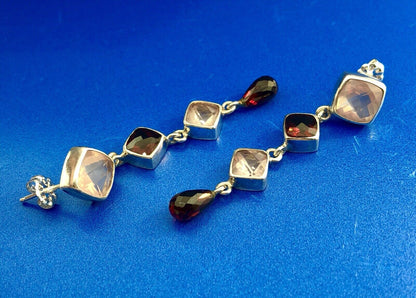 Sterling Silver 925 Garnet Rose Quartz January Drop Dangle Statement Earrings