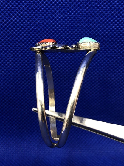 Old Pawn 925 Sterling Silver Squash Blossom Turquoise & Coral Open Cuff Bracelet