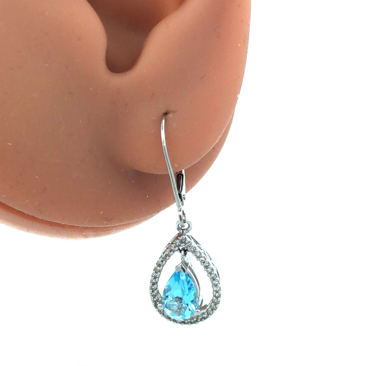 14k White Gold Pear Blue Topaz with Pave Diamond Halo Drop Dangle Earrings