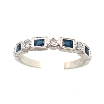 18K White Gold Emerald Cut Sapphire Round Diamond Stackable Anniversary Ring