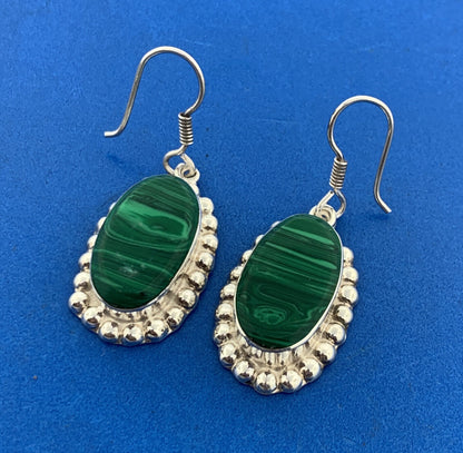 Vintage Taxco Mexico Designer Sterling Silver 925 Malachite Statement Earrings