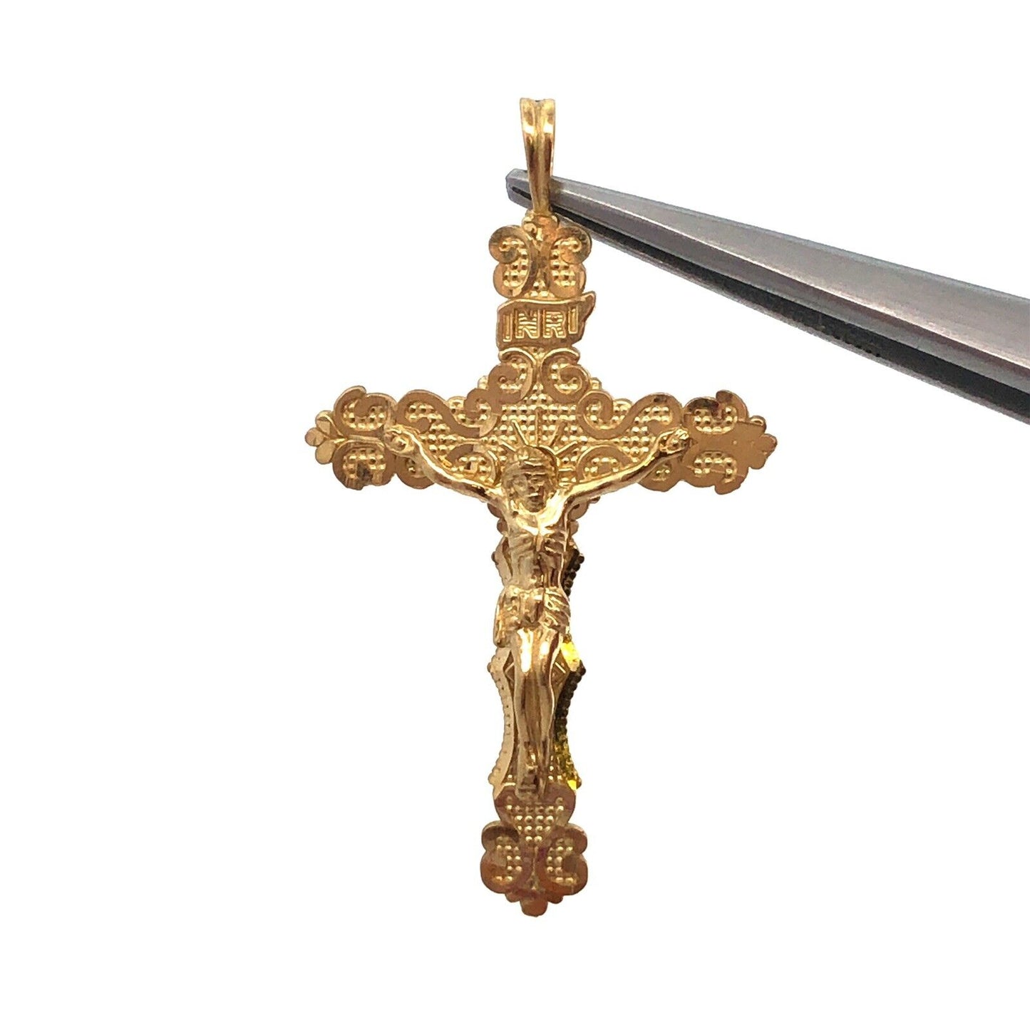 Designer 10K Yellow Gold Textured Crucifix Cross Religious Statement Pendant
