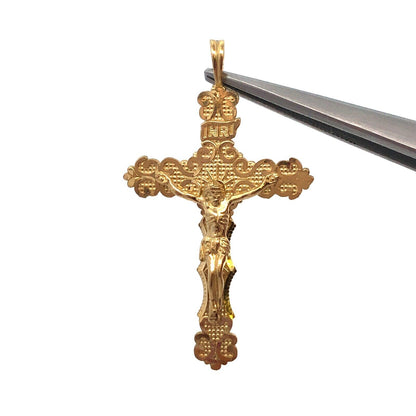 Designer 10K Yellow Gold Textured Crucifix Cross Religious Statement Pendant