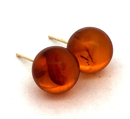 Estate 14K Yellow Gold Round Orange Amber Ball Solitaire Stud Earrings