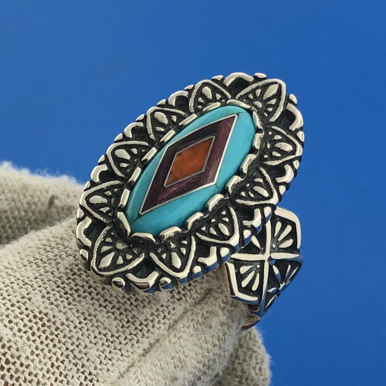 Carolyn Pollack Sterling Silver 925 Turquoise Amethyst Coral Finger Ring Size 7