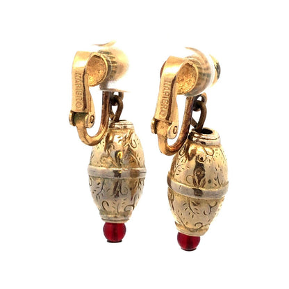 Mid Century Napier Gold Tone Red Bead Floral Scroll Drop Dangle Clip Earrings