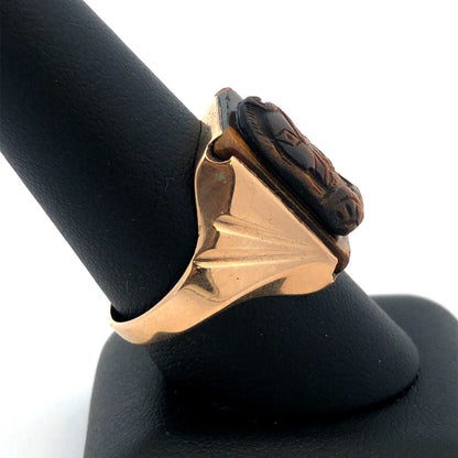 Vintage Men's 10K Yellow Gold Carved Intaglio Tiger's Eye Roman Textured Ring