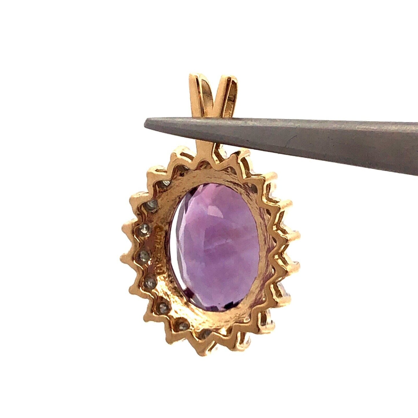 Designer 14K Yellow Gold Oval Purple Amethyst Diamond Halo Statement Pendant