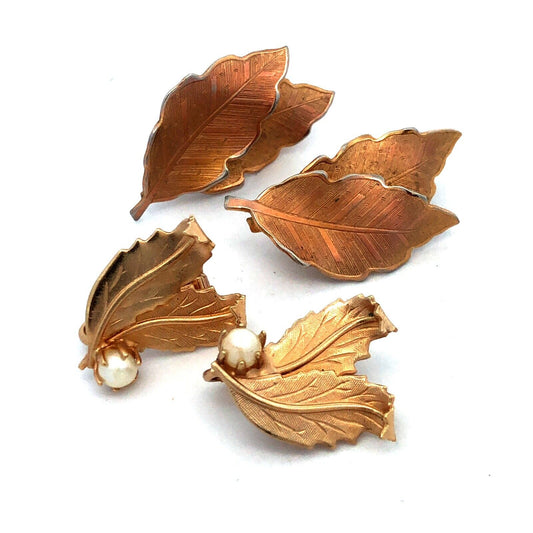 Vintage 1950's Gold Copper Tone Leaf Motif Coro Patented 2 Pr Lot Clip Earrings