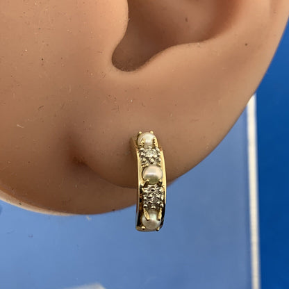 14K Yellow Gold Pearl Diamond Half Hoop Stud Earrings