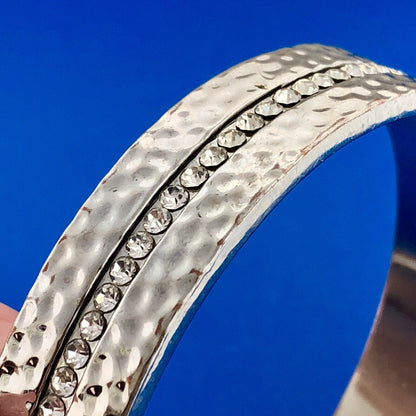 Designer Silver Tone Cubic Zirconia CZ Hammered Statement Bangle Bracelet