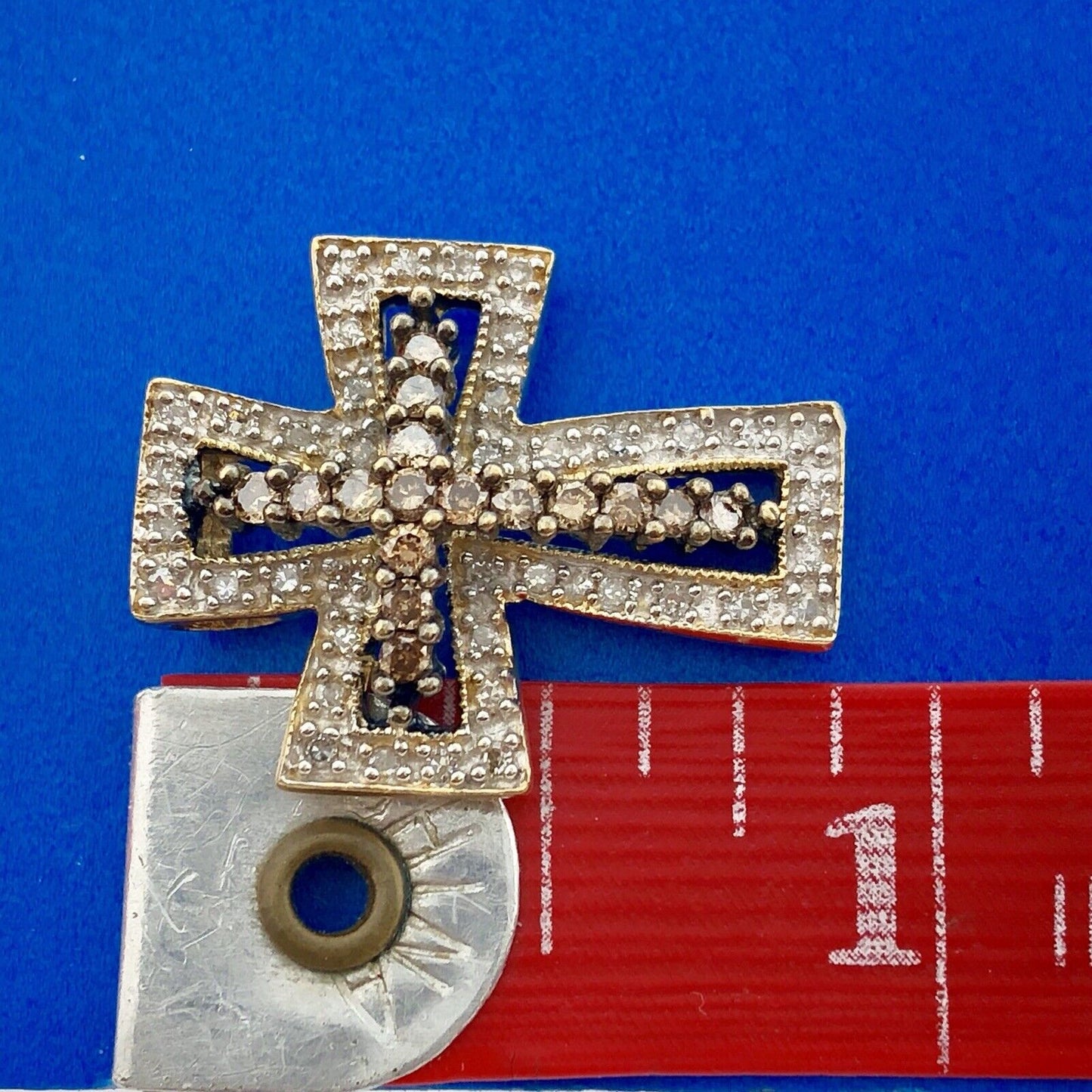 Designer 14K Yellow Gold White Champagne Diamond Statement Cross Pendant