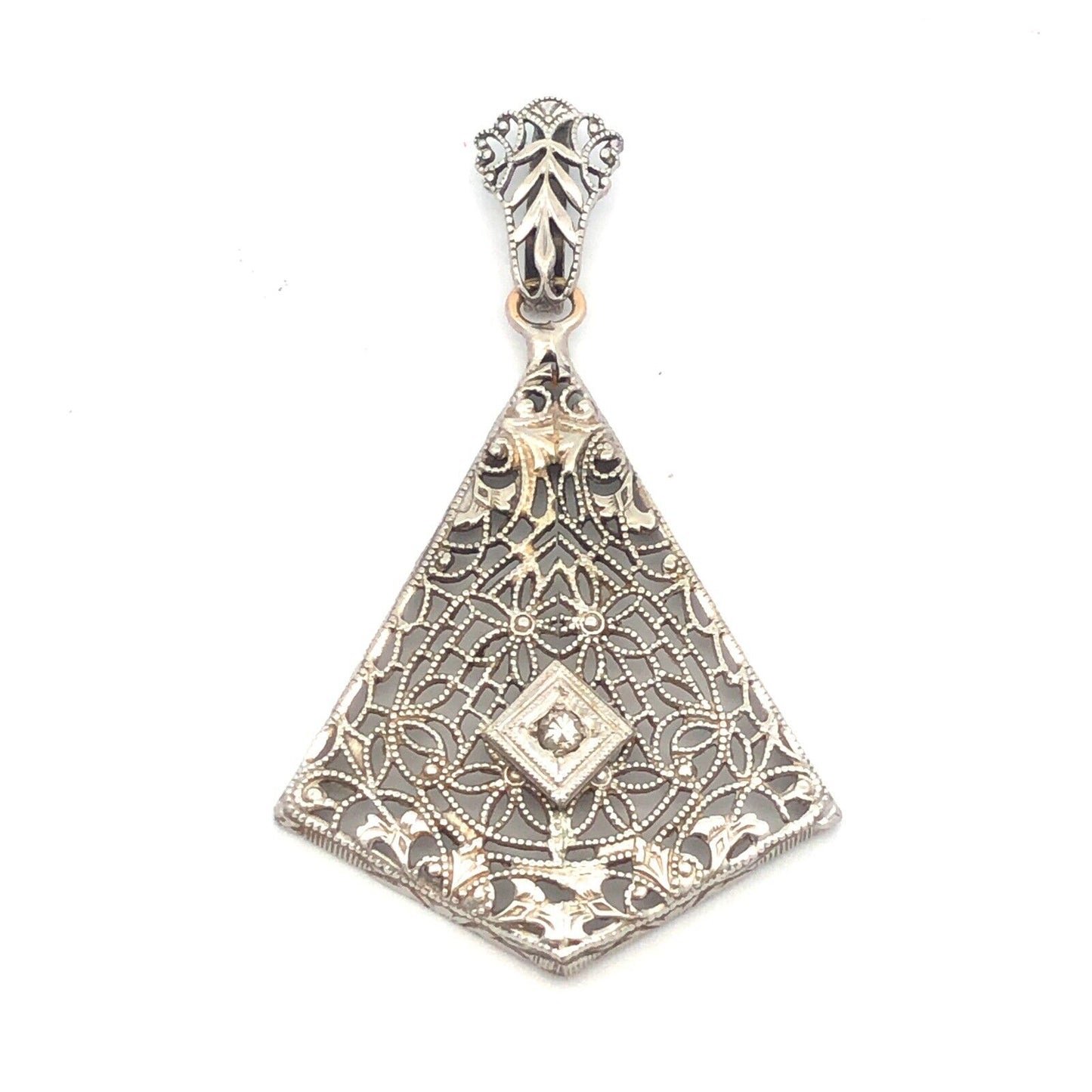 Vintage 14K White Gold Round Diamond Filigree Triangle Statement Pendant