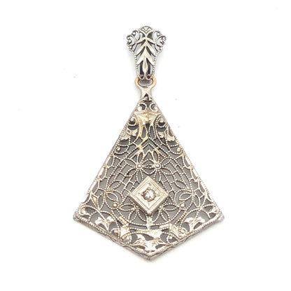 Vintage 14K White Gold Round Diamond Filigree Triangle Statement Pendant