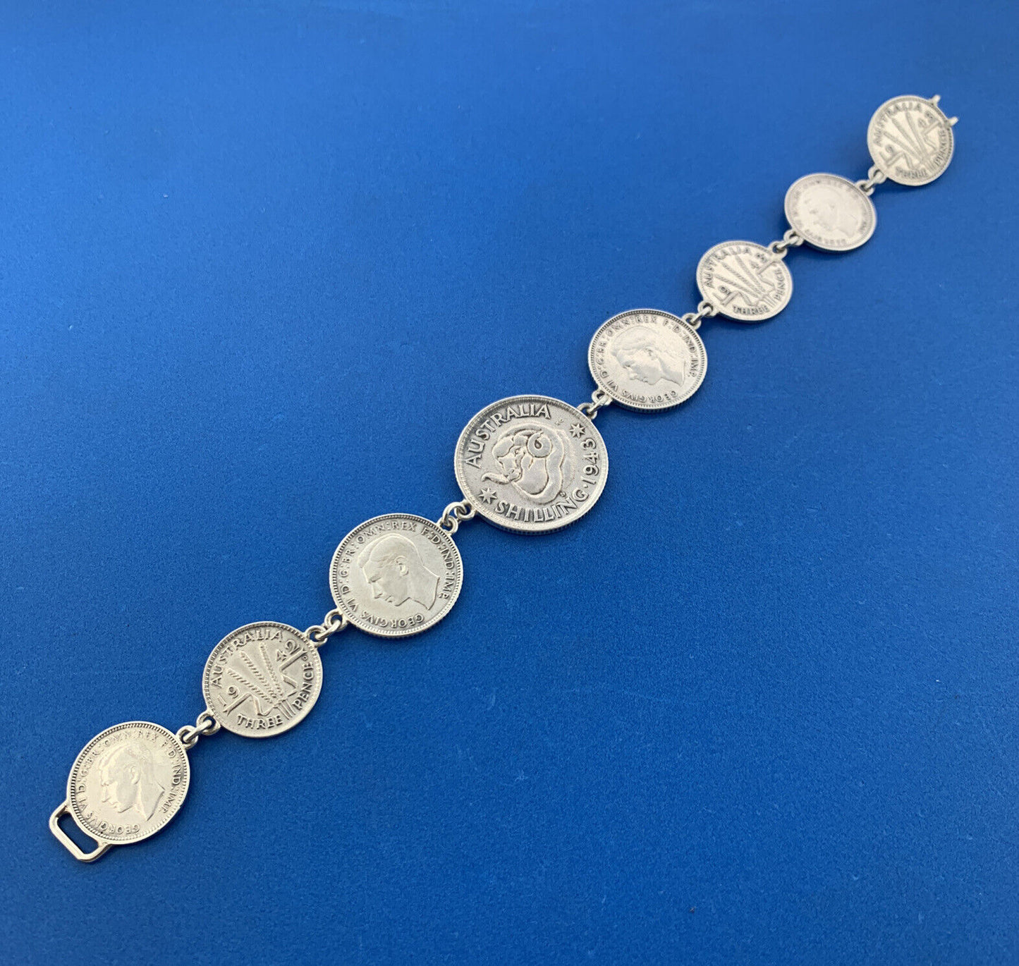 Vintage 1942-1943 Great Britain Australia 3 Pence 6 Pence Shilling Coin Bracelet