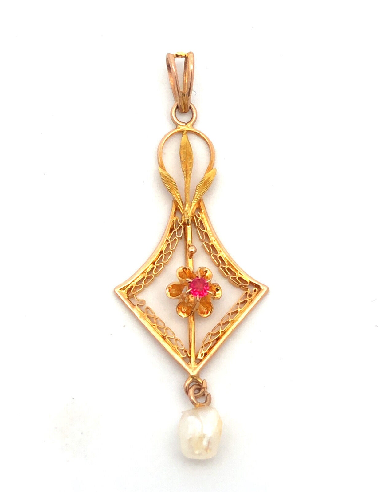 Lovely 10k Yellow Gold Round Cut Ruby and Pearl Cutout Floral Pendant