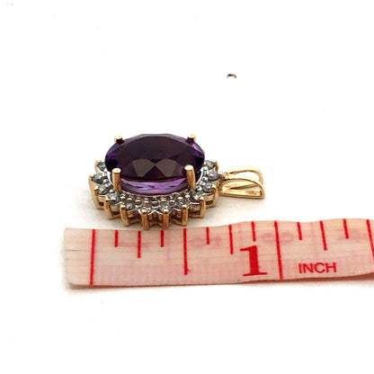 Designer 14K Yellow Gold Oval Purple Amethyst Diamond Halo Statement Pendant