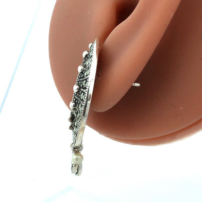 Designer A 925 Sterling Silver Marcasite Pearl Man In Moon Dangle Stud Earrings