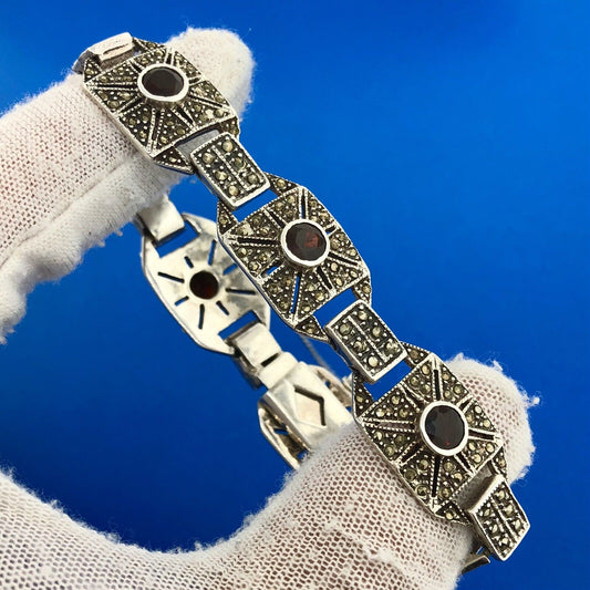 Stunning Sterling Silver 925 Garnet Marcasite Panel Link 6.75" Tennis Bracelet