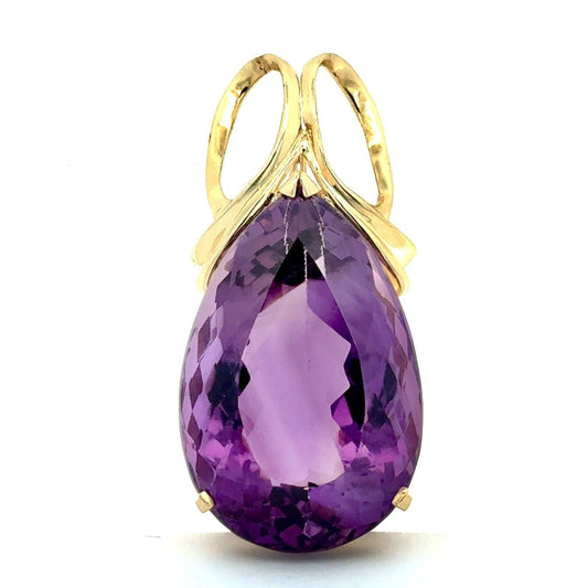 14K Yellow Gold Pear Faceted Amethyst Solitaire February Anniv Statement Pendant