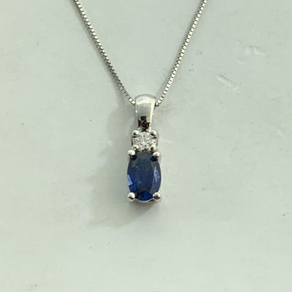 Designer 14K White Gold Oval Sapphire Round Diamond Petite Pendant Necklace