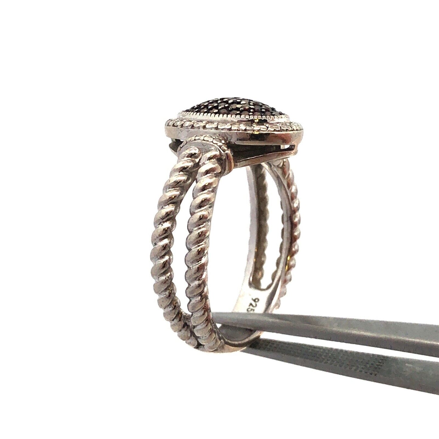 Designer JS 925 Sterling Silver Chocolate Diamond Oval Twist Detail Ring
