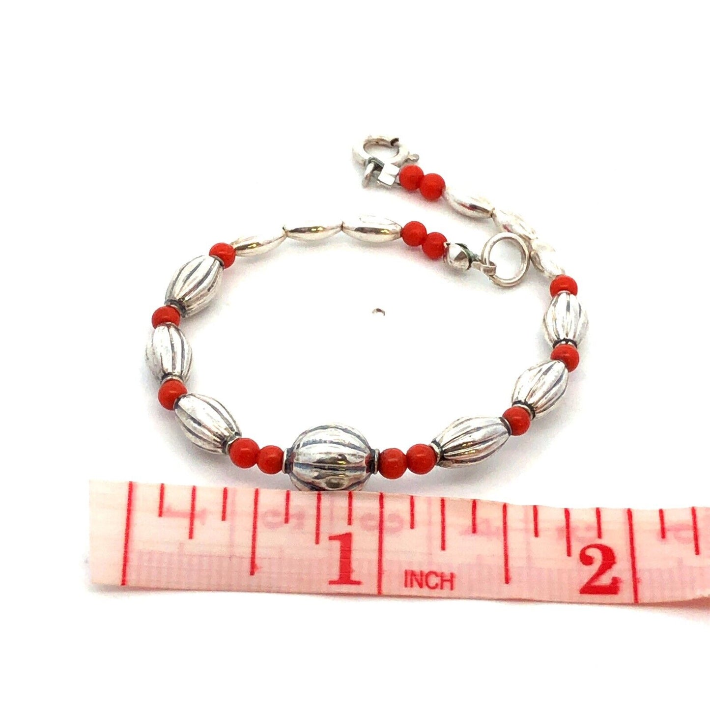 Designer STG 925 Sterling Silver Red Coral Textured Beaded Bracelet