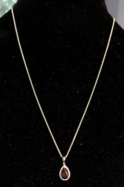 Designer 14K White Gold Pear Garnet Diamond Halo Drop Pendant Necklace