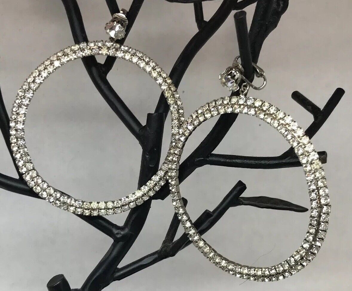 Haute Couture Runway Silver Tone Bezel Set Rhinestone Statement Hoop Earrings