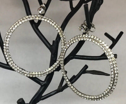 Haute Couture Runway Silver Tone Bezel Set Rhinestone Statement Hoop Earrings