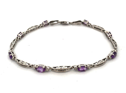 Designer Mexico 10K White Gold Oval Amethyst Diamond Accented Tennis Bracelet