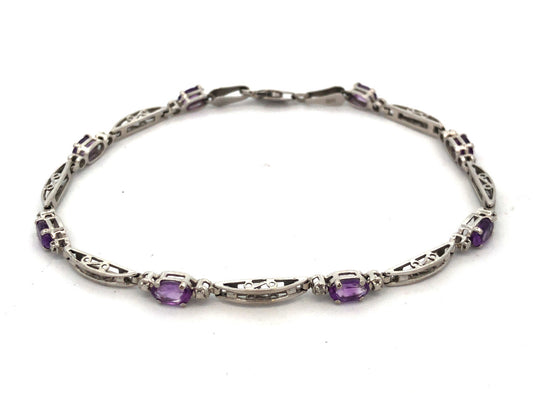 Designer Mexico 10K White Gold Oval Amethyst Diamond Accented Tennis Bracelet