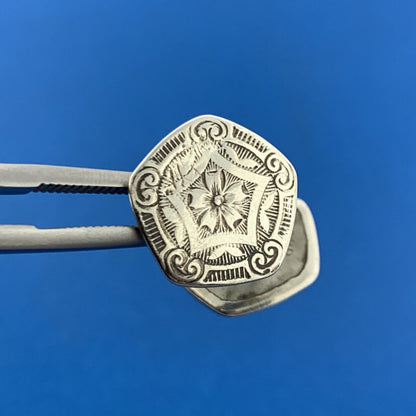 Antique 925 Sterling Silver Floral Etched Hexagon Star Shaped Button Cufflinks