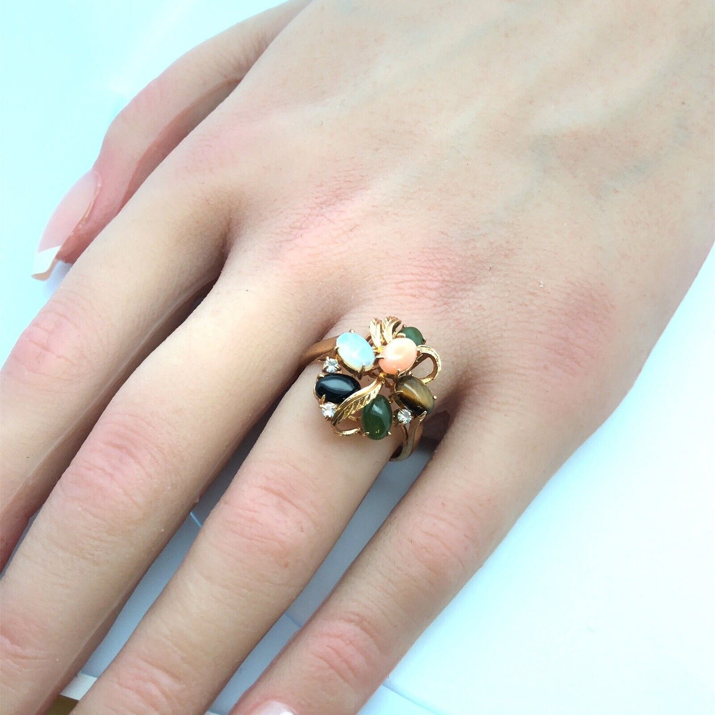 Vintage 18K Yellow HGE Multi Gemstone Floral Cluster Statement Cocktail Ring