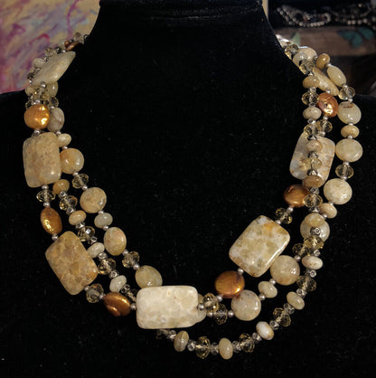 Vintage Silver Tone Polished Agate Pearl Crystal Beaded Necklace Earring Set