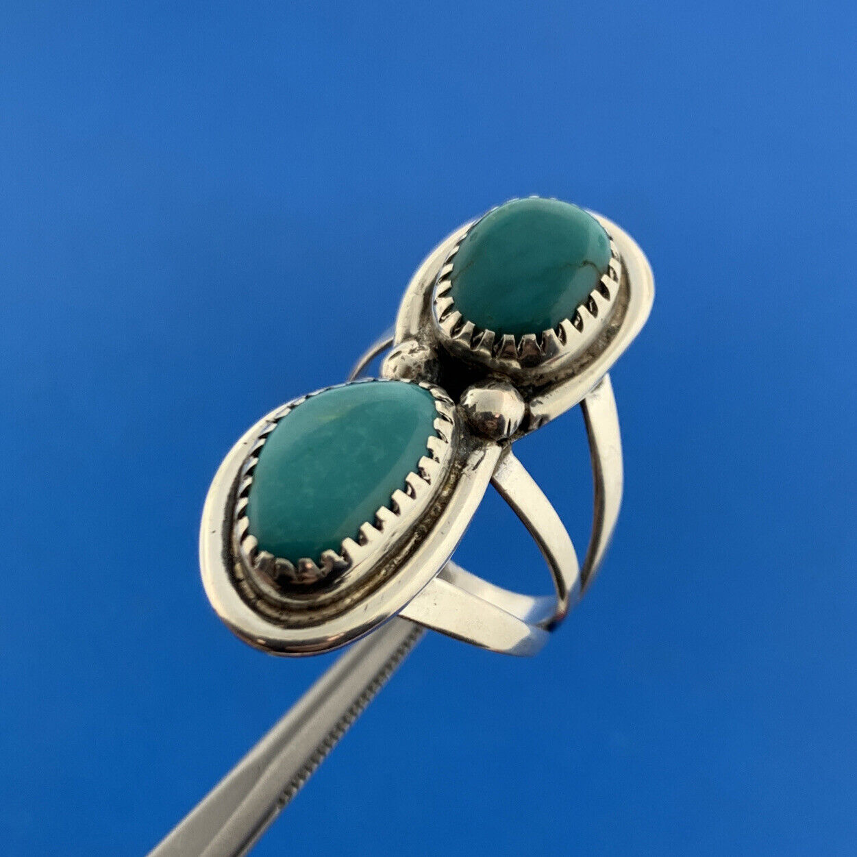 Stunning Sterling Silver 925 Cabochon Teal Twin Turquoise Finger Ring Size 7