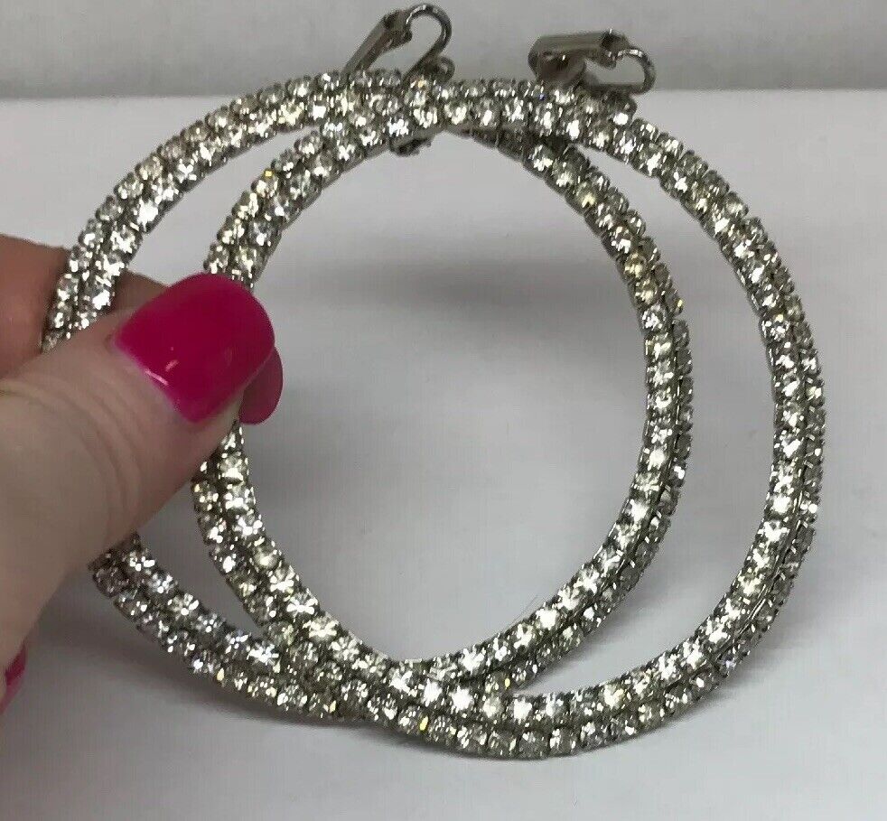Haute Couture Runway Silver Tone Bezel Set Rhinestone Statement Hoop Earrings