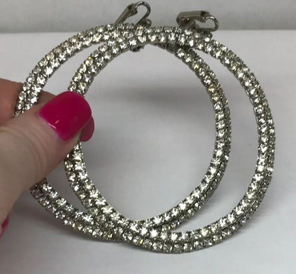 Haute Couture Runway Silver Tone Bezel Set Rhinestone Statement Hoop Earrings