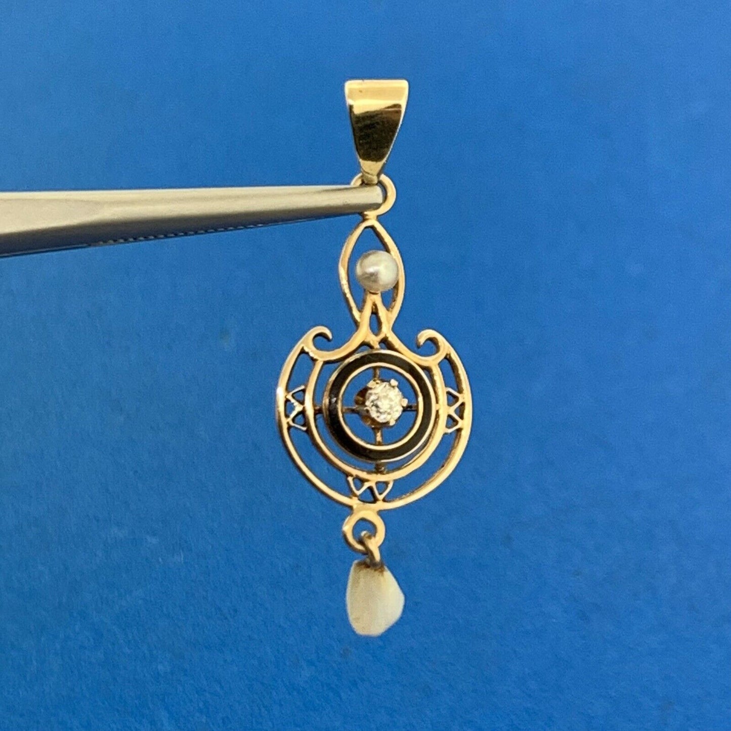 Art Nouveau 10K Yellow Gold Diamond Pearl Black Enamel Drop Dangle Pendant