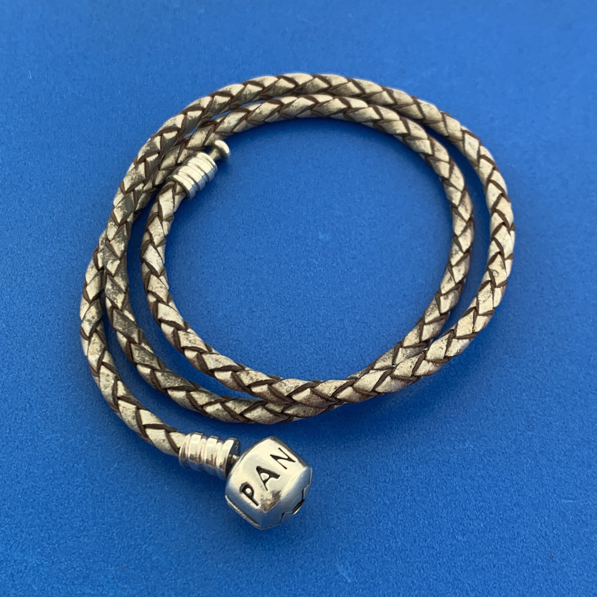 PANDORA 925 Sterling Silver Double Woven Champagne Leather Bracelet 590705CPL-D