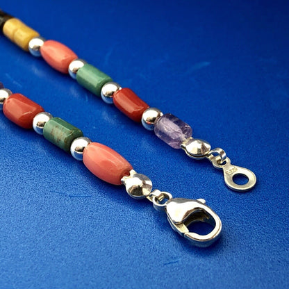 Designer Sterling Silver Turquoise Coral Amethyst Japser Tigers Eye Necklace