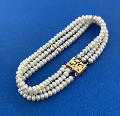 Designer 14K Yellow Gold Pearl June Anniversary Bridal 3 Strand Beaded Bracelet