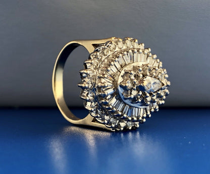 14K Yellow White Gold Diamond Halo Cluster 4 Tier Statement Cocktail Ring