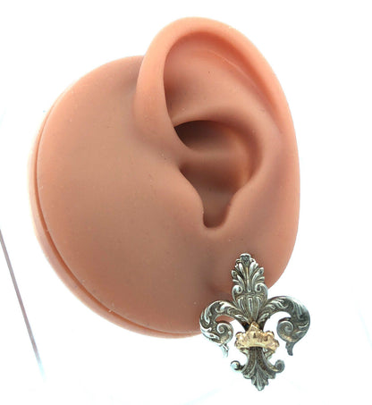 925 Sterling Silver 14K Yellow Gold Fleur De Lis Statement Stud Earrings