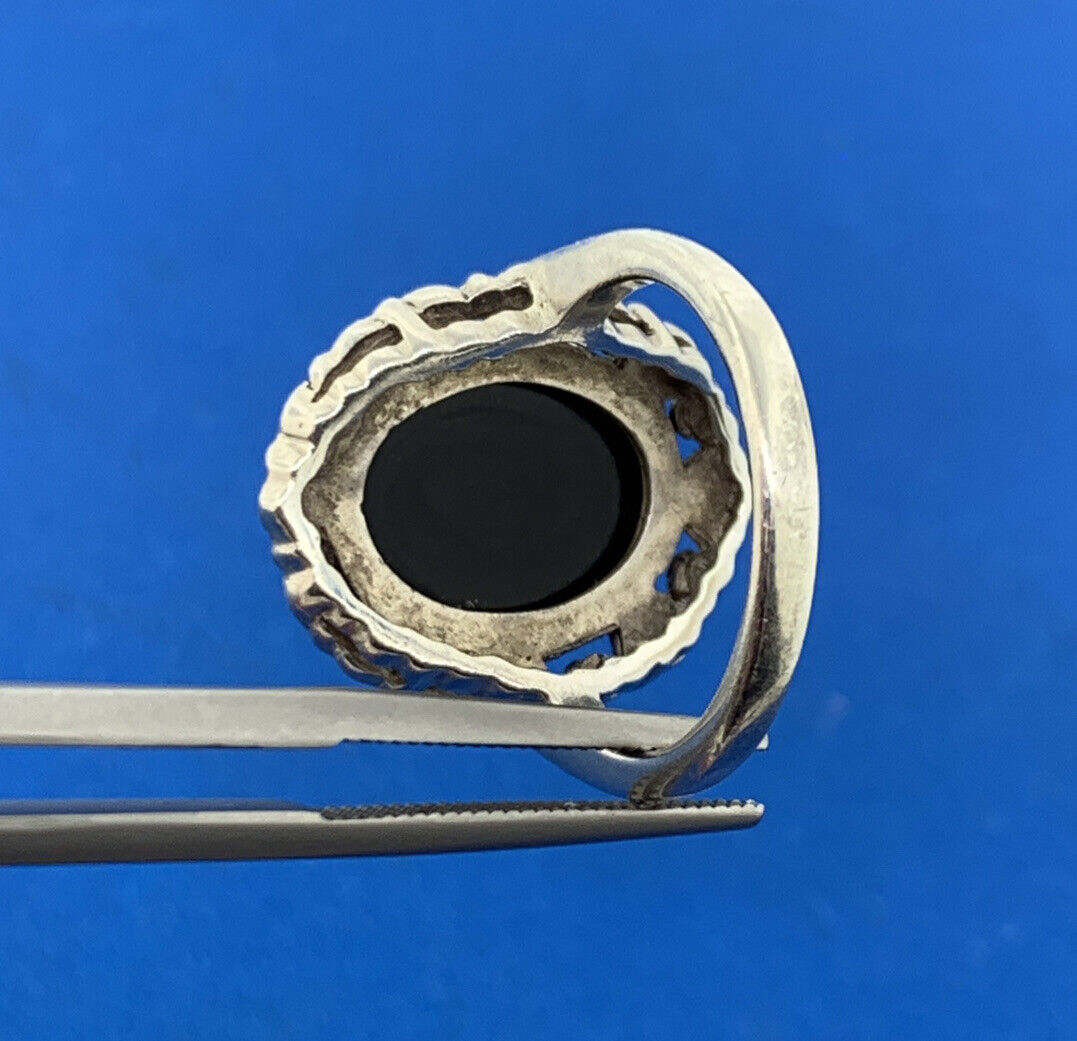 Designer 925 Sterling Silver Carved MOP Black Onyx Marcasite Cameo Cocktail Ring