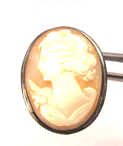 Victorian 800 Fine Silver Carved Woman Cameo Oval Pin Brooch Pendant