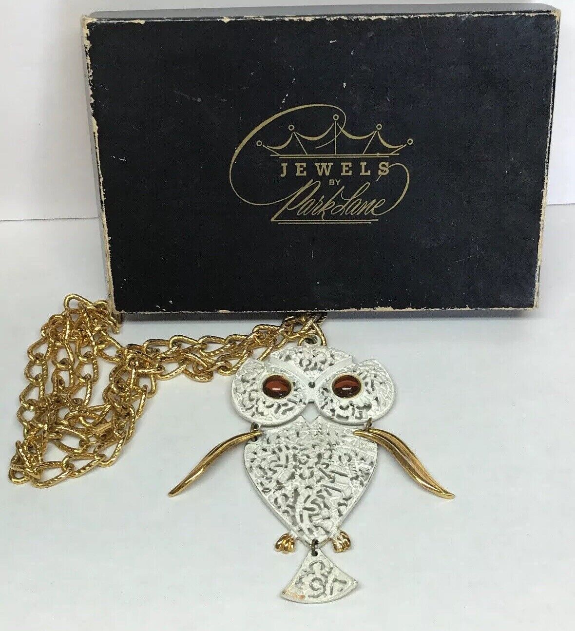Park Lane Amber Eyes White Enamel Filigree 3D Owl Gold Tone Statement Necklace